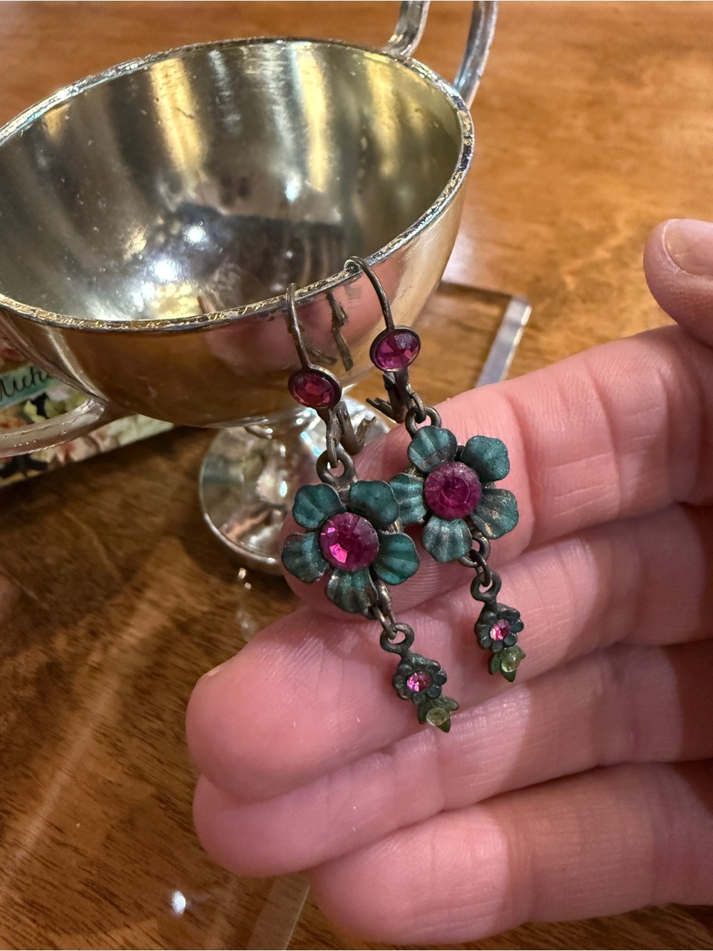 Vintage-Inspired Green Flower Earrings with Pink Stones - Michal Negrin